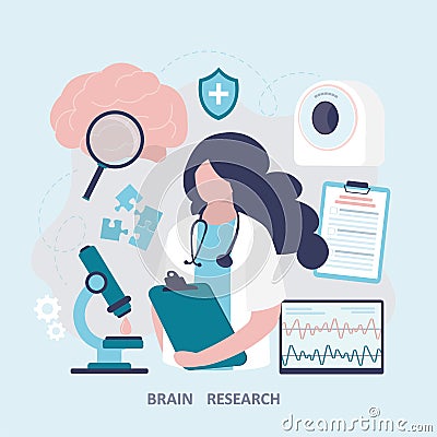 Girl neurologist in white coat with stethoscope. Doctor conducts research on brain, nervous system Vector Illustration