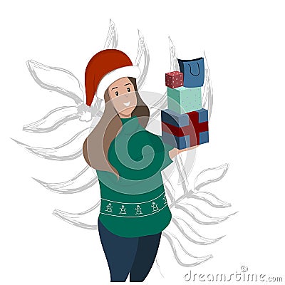 A girl in a New Year's hat holds gifts. Christmas, New Year. Happy girl in a warm sweater. Cartoon Illustration