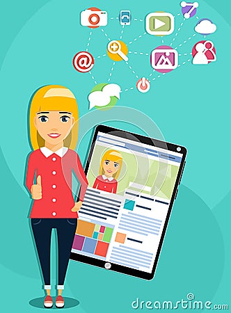 Girl next to a tablet computer Vector Illustration