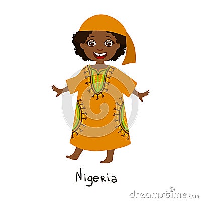 Girl In Nigeria Country National Clothes, Wearing Orange Dress nd Bandana Traditional For The Nation Vector Illustration