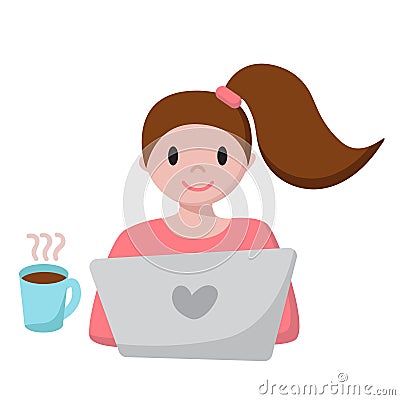 Girl with notebook and coffee cup. Funny cartoon lady with ponytail. Young woman uses laptop and works. Online education Vector Illustration