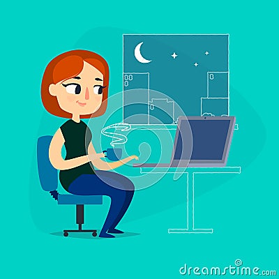 Girl with notebook and cup of coffee at night Vector Illustration