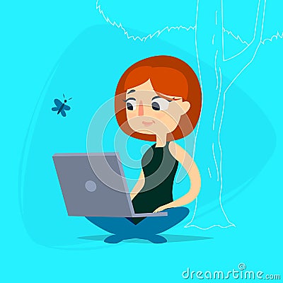 Girl with notebook under tree Vector Illustration
