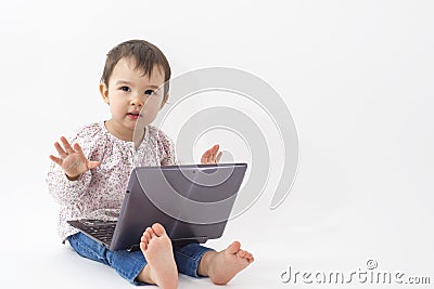 Girl with notebook very happy on white backround Stock Photo