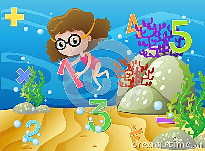 Girl and numbers underwater Vector Illustration