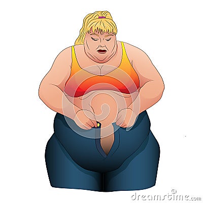 A girl with obesity trying to zip up jeans Vector Illustration