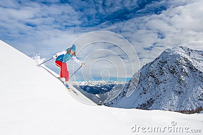 Girl in off-piste skiing Stock Photo