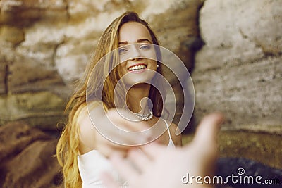 The girl is offered to marry on vacation. How to make a girl an offer on vacation, traveling. Gorgeous girl on the beach, the girl Stock Photo