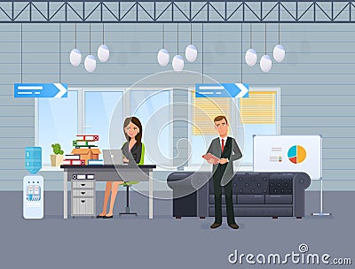 Girl, office worker, businesswoman, works computer. Colleague, with documents nearby. Vector Illustration