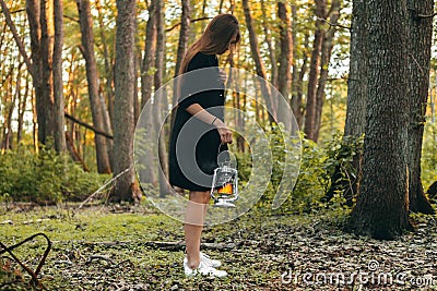 Girl with oil lamp is walking at the wilderness and looking for. Dark forest, evening. Summer time. Travel story Stock Photo