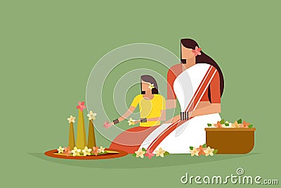 Traditionally dressed mother and daughter do floral designs on floor to celebrate Onam festival Vector Illustration