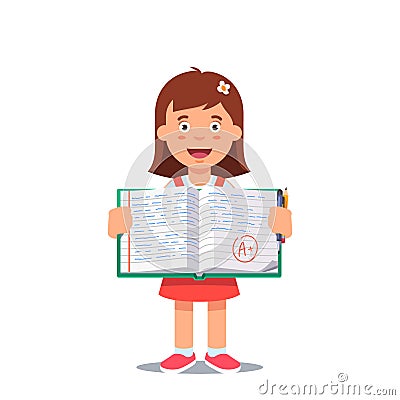 Girl and open school workbook with handwriting Vector Illustration