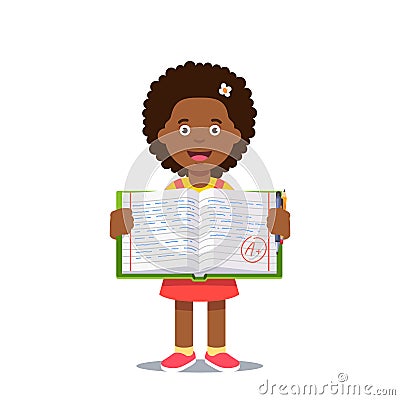 Girl and open work book with A grade Vector Illustration