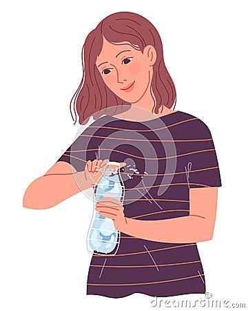 Girl opens a bottle of water to drink in the heat Vector Illustration