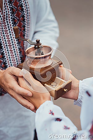 Girl opens the box and find surprise, a ring with diamond inside Stock Photo