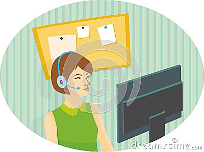 Girl operator in headphones looking at the monitor. Vector Illustration