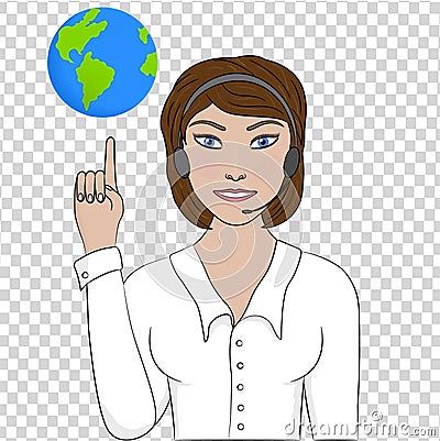 Girl operator points to the globe. Vector Illustration