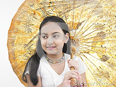 Girl with an oriental umbrella Stock Photo