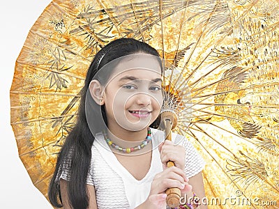 Girl with an oriental umbrella Stock Photo