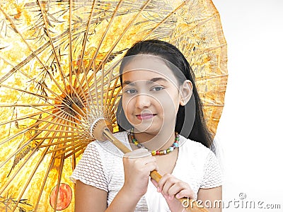 Girl with an oriental umbrella Stock Photo