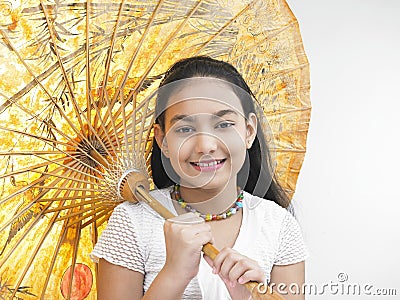 Girl with an oriental umbrella Stock Photo