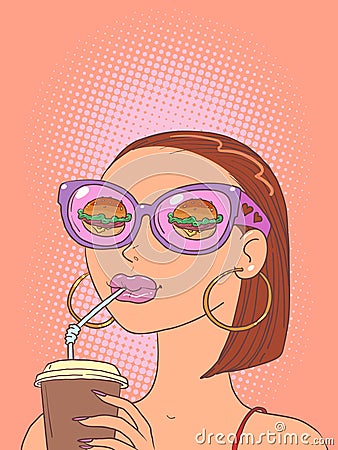 A girl in original glasses drinks a drink and thinks about buying. Potential consumer of a service or offer. Vector Illustration