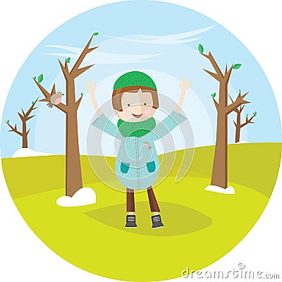 The girl in overcoat, costs in the spring park and enjoys raising his hands up. Cute illustration in circle. For banner, stickers Cartoon Illustration