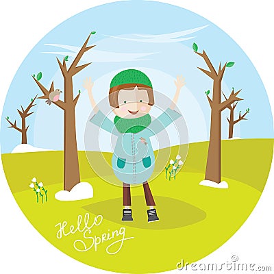 The girl in overcoat, costs in the spring park and enjoys raising his hands up. Cute illustration in circle. Hello spring. Vector Illustration