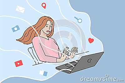 Girl overloaded with information browsing internet Vector Illustration