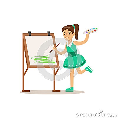 Girl Painting, Creative Child Practicing Arts In Art Class, Kids And Creativity Themed Illustration Vector Illustration