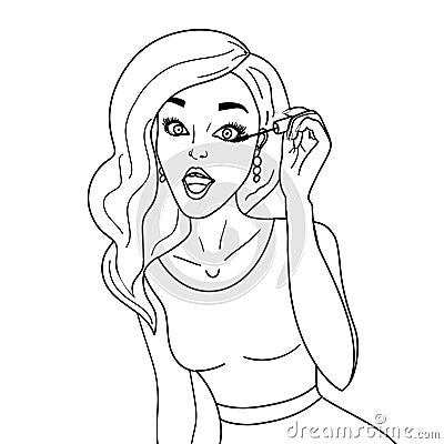 Girl paints eyelashes with open mouth. Coloring, white background, black lines vector Vector Illustration