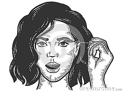 Girl paints her eyes with mascara. Sketch scratch board imitation. Vector Illustration