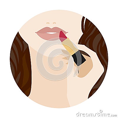 Girl paints her lips red lipstick. Round image Vector Illustration