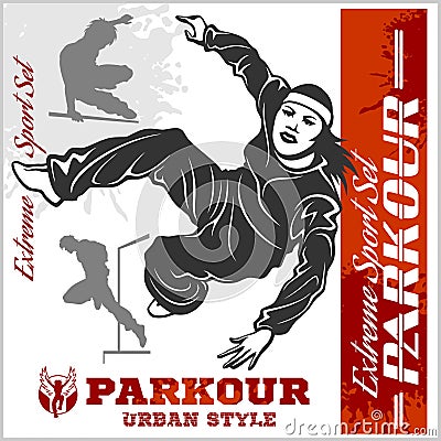 Girl parkour is jumping - illustration and emblem - set of vector images Vector Illustration