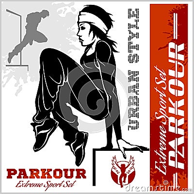 Girl parkour is jumping - illustration and emblem - set of vector images Vector Illustration