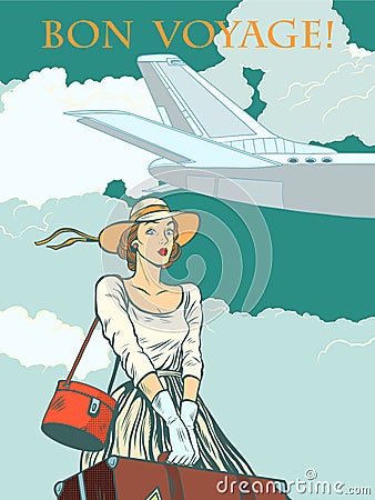 Girl passenger plane Bon voyage Vector Illustration