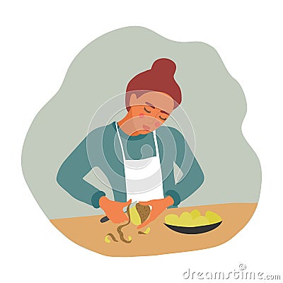 Girl peeling potatoes for cooking. A young woman with a knife and a vegetable prepares food. Vector flat illustration Vector Illustration