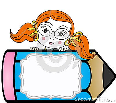 Girl with pencil personalized label sticker Vector Illustration