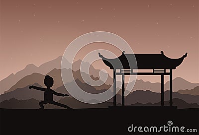 Girl performing qigong or taijiquan exercises in the evening. Vector Illustration