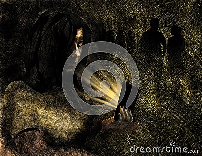 A girl, perhaps in a nightclub, or other social event appears alone looking to her cell phone. It is a golden toned dark scene Cartoon Illustration