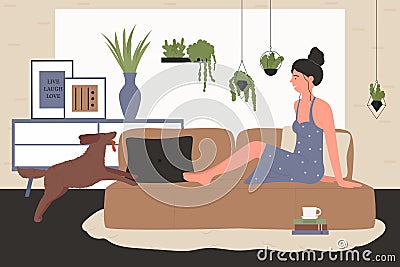 Girl with pet dog at home, happy young woman laying on couch, playing with funny doggy Vector Illustration