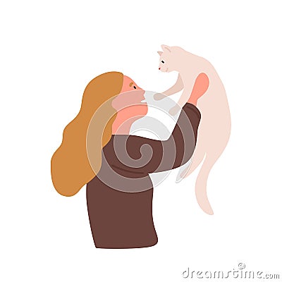 Girl with pet flat vector illustration. Kindness, goodness, animal care, playing with cat. Home leisure, entertainment Vector Illustration