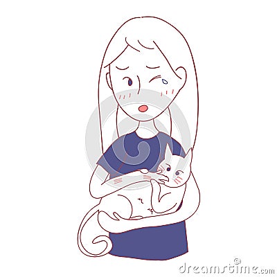 Girl Petting Cat and was Bited by him. Vector illustration. isolated on White Background. Vector Illustration