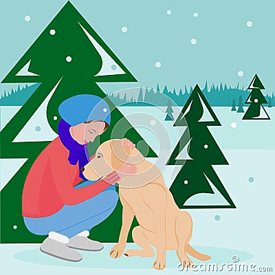 Girl with dog in winter forest in flat style Vector Illustration