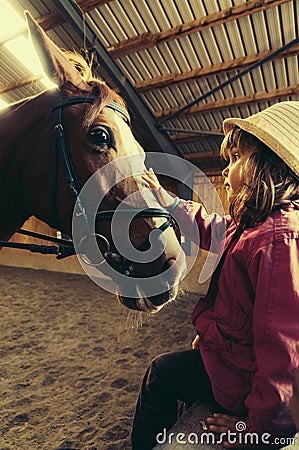 Girl petting horse Stock Photo