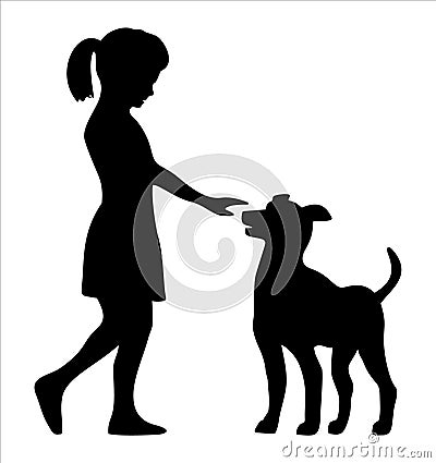 Girl petting a standing puppy great dane. Dog and people silhouette icon Vector Illustration