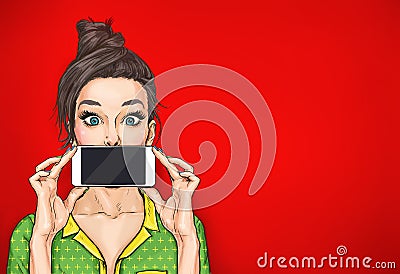 Girl with phone in the hand in comic style. Stock Photo