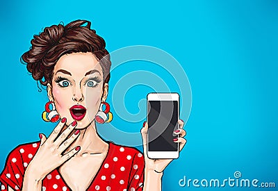 Girl with phone in the hand in comic style. Woman with smartphone. Hipster girl. Digital advertisement.Woman with phone. Stock Photo