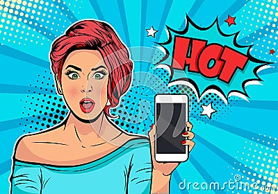 Girl with phone in the hand and discription Hot. Cartoon comic vector illustration in pop art retro style. Vector Illustration