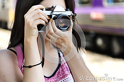 Girl Photographer Traveler Wanderlust Concept Stock Photo